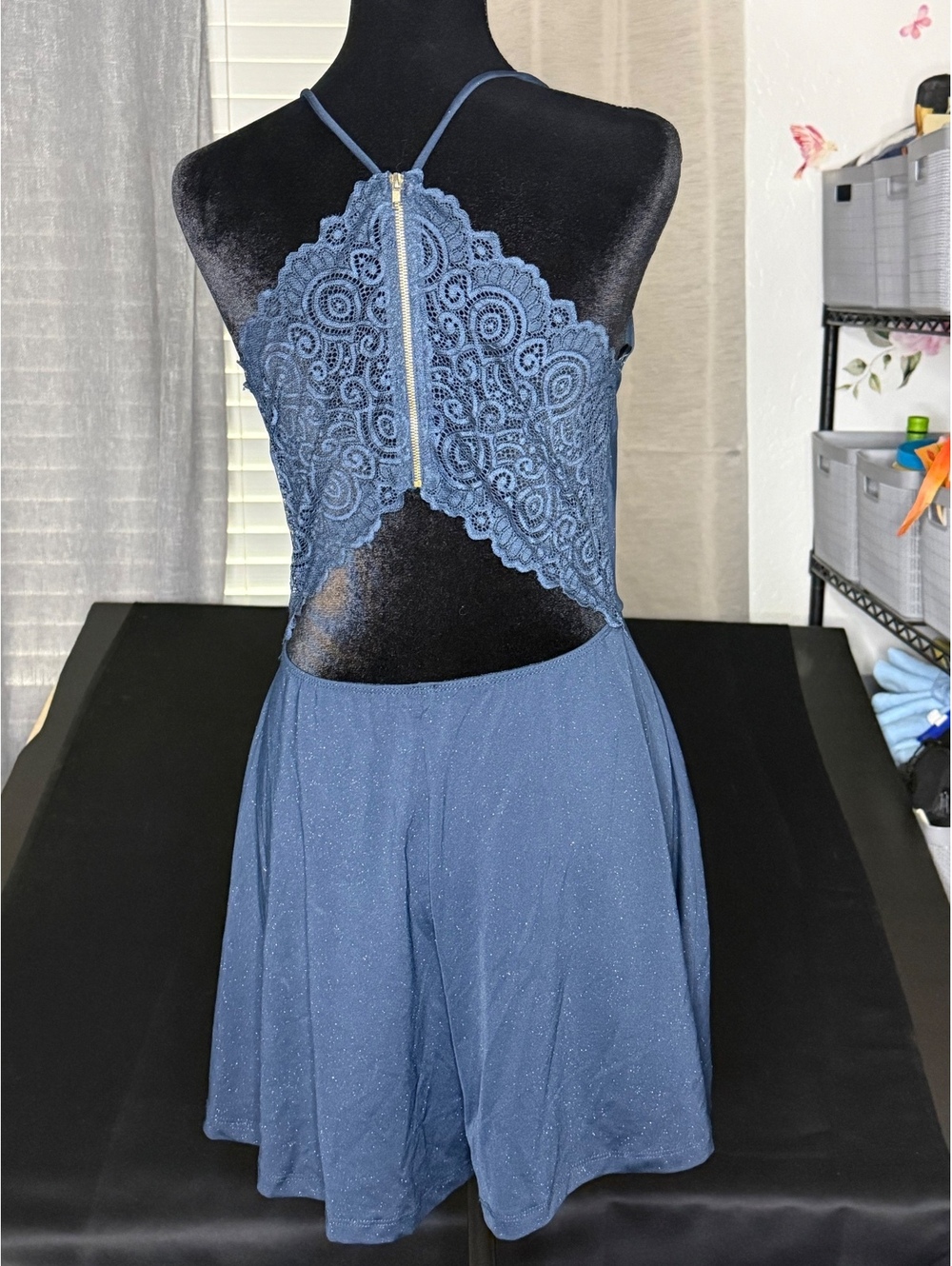 Blue Sleeveless Lace Back Romper with V-Neck - Picture 4 of 8